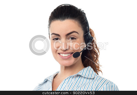 Closeup smiling portrait of a call centre executive Closeup smiling portrait of a call centre executive stock photo, Profile shot of a beautiful call center executive, indoor studio shot. by Ishay Botbol