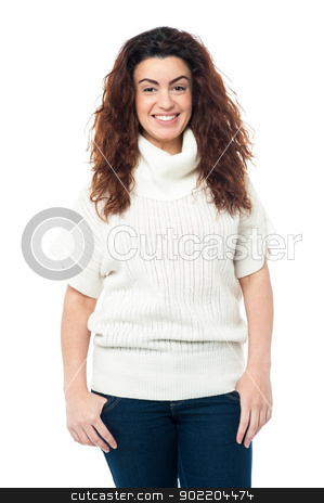 To use this stock image in your creative project, please select the size you need over to the right and click the "Add to Cart" button.
Your downloaded image will come with the Cutcaster watermark removed so don’t worry about the watermark you see on this page. Portrait of charming girl in high neck sweater stock photo, Casual portrait of a fashionable young woman wearing high neck sweater. by Ishay Botbol