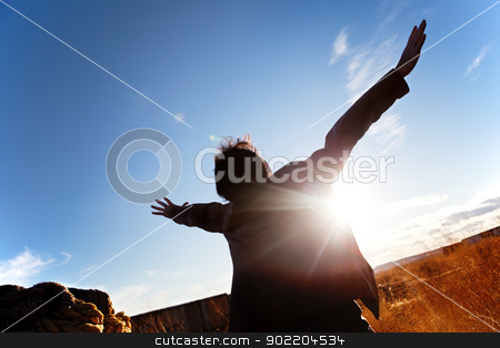 To use this stock image in your creative project, please select the size you need over to the right and click the "Add to Cart" button.
Your downloaded image will come with the Cutcaster watermark removed so don’t worry about the watermark you see on this page. open arms to the sky stock photo, Silhouette of boy with open arms to the sky by carloscastilla