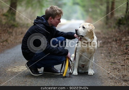 To use this stock image in your creative project, please select the size you need over to the right and click the "Add to Cart" button.
Your downloaded image will come with the Cutcaster watermark removed so don’t worry about the watermark you see on this page. Young boy with dog stock photo, Young boy with his labrador in the forest by Michael Jenewein