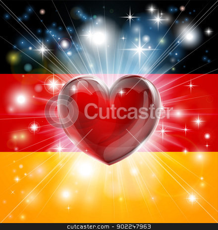 To use this stock image in your creative project, please select the size you need over to the right and click the "Add to Cart" button.
Your downloaded image will come with the Cutcaster watermark removed so don’t worry about the watermark you see on this page. Love Germany flag heart background stock vector clipart, Flag of Germany patriotic background with pyrotechnic or light burst and love heart in the centre by Christos Georghiou