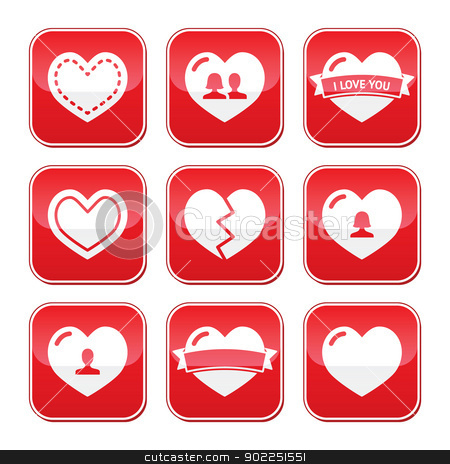 To use this stock image in your creative project, please select the size you need over to the right and click the "Add to Cart" button.
Your downloaded image will come with the Cutcaster watermark removed so don’t worry about the watermark you see on this page. Love hearts buttons set for Valentines Day stock vector clipart, Red hearts vector buttons set - love, relationship, couples by Agnieszka Bernacka
