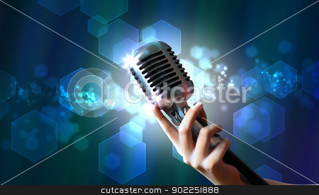 Audio microphone retro style audio microphone retro style stock photo, Single retro microphone against colourful background with lights by Sergey Nivens