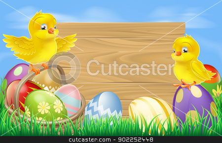 To use this stock image in your creative project, please select the size you need over to the right and click the "Add to Cart" button.
Your downloaded image will come with the Cutcaster watermark removed so don’t worry about the watermark you see on this page. Easter eggs sign stock vector clipart, A blank wooden Easter egg sign with Easter eggs in a wooden hamper, chicks and copyspace by Christos Georghiou