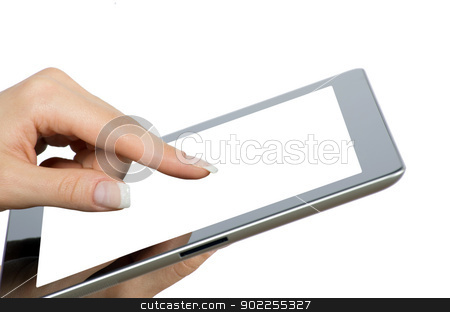tablet computer tablet computer stock photo, hands with tablet computer on white by Vitaliy Pakhnyushchyy