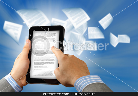 To use this stock image in your creative project, please select the size you need over to the right and click the "Add to Cart" button.
Your downloaded image will come with the Cutcaster watermark removed so don’t worry about the watermark you see on this page. e book reader and books stock photo, the library in the e-book concept with text pages flying out of a e-reader by Sergey Nivens