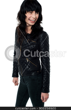 To use this stock image in your creative project, please select the size you need over to the right and click the "Add to Cart" button.
Your downloaded image will come with the Cutcaster watermark removed so don’t worry about the watermark you see on this page. Glamorous young woman in black leather jacket stock photo, Stylish young lady in black leather jacket turning sideways and smiling. by Ishay Botbol