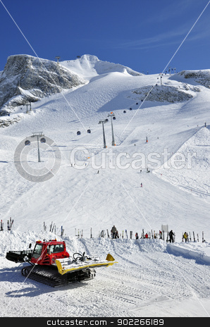 Snow groomer at Hintertux Glacier Snow groomer at Hintertux Glacier stock photo, Hintertux Glacier, gondola cable car, snow groomer, ski runs and skiers in Zillertal Alps in Austria by Krzysztof Nahlik