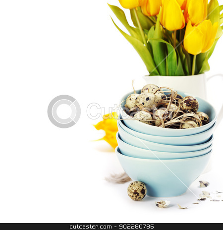 Easter composition Easter composition stock photo, easter composition with eggs and spring flowers on white background by klenova