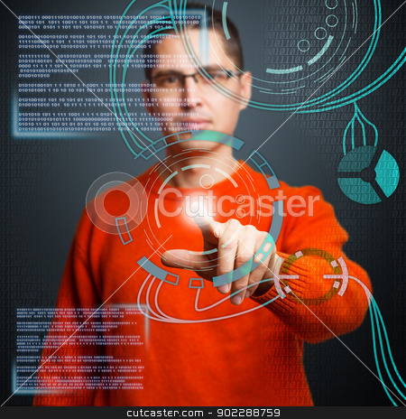 To use this stock image in your creative project, please select the size you need over to the right and click the "Add to Cart" button.
Your downloaded image will come with the Cutcaster watermark removed so don’t worry about the watermark you see on this page. Digital concept stock photo, Young man pressing high tech type of modern buttons by Grafvision
