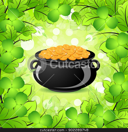 St. Patricks Day Cauldron with Gold Coins St. Patricks Day Cauldron with Gold Coins stock vector clipart, St. Patricks Day Cauldron with Gold Coins in Green leaves and Shamrocks by Vadym Nechyporenko