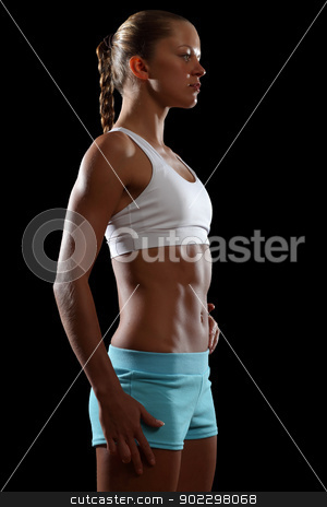 To use this stock image in your creative project, please select the size you need over to the right and click the "Add to Cart" button.
Your downloaded image will come with the Cutcaster watermark removed so don’t worry about the watermark you see on this page. Fitness woman smiling stock photo, Fitness woman smiling standing against black background by Sergey Nivens