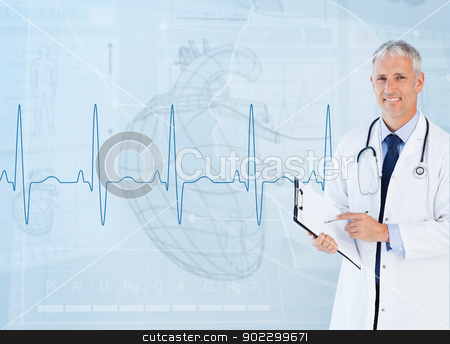 To use this stock image in your creative project, please select the size you need over to the right and click the "Add to Cart" button.
Your downloaded image will come with the Cutcaster watermark removed so don’t worry about the watermark you see on this page. Portrait of a cardiologist smiling stock photo, Portrait of a cardiologist smiling against a medical interface by Wavebreak Media