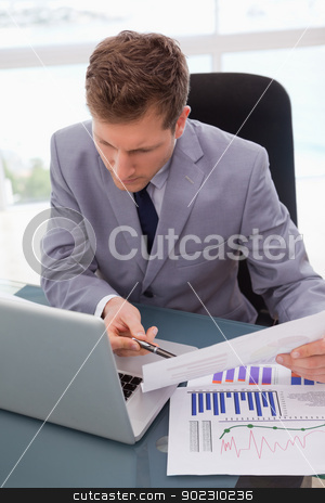 To use this stock image in your creative project, please select the size you need over to the right and click the "Add to Cart" button.
Your downloaded image will come with the Cutcaster watermark removed so don’t worry about the watermark you see on this page. Businessman looking at his laptop stock photo, Businessman looking at his laptop while working on statistics by Wavebreak Media