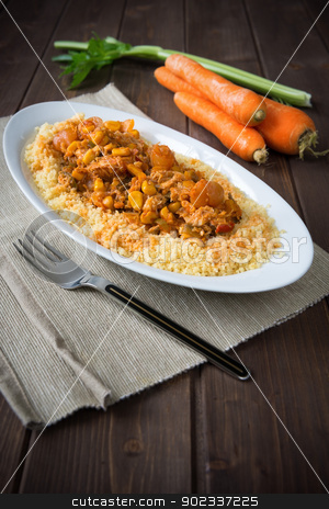 To use this stock image in your creative project, please select the size you need over to the right and click the "Add to Cart" button.
Your downloaded image will come with the Cutcaster watermark removed so don’t worry about the watermark you see on this page. Cous cous stock photo, Cous cous dish with poultry meat and vegetables by Giordano Aita