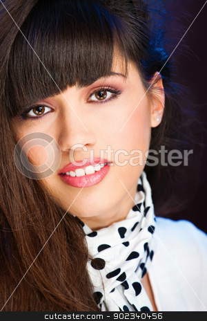 To use this stock image in your creative project, please select the size you need over to the right and click the "Add to Cart" button.
Your downloaded image will come with the Cutcaster watermark removed so don’t worry about the watermark you see on this page. Pretty woman with white scarf stock photo, Pretty woman with white scarf with black dots on it by iMarin