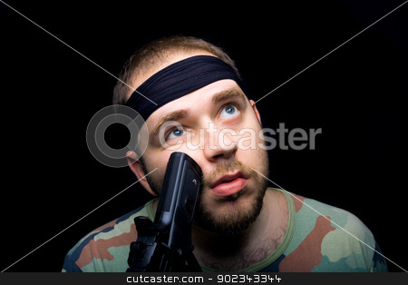 To use this stock image in your creative project, please select the size you need over to the right and click the "Add to Cart" button.
Your downloaded image will come with the Cutcaster watermark removed so don’t worry about the watermark you see on this page. Funny soldier stock photo, Funny soldier playing around with a gun! by Mirko Pernjakovic