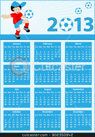 To use this stock image in your creative project, please select the size you need over to the right and click the "Add to Cart" button.
Your downloaded image will come with the Cutcaster watermark removed so don’t worry about the watermark you see on this page. Calendar 2013 with football player stock vector clipart, Calendar 2013 with a soccer theme. Child football player cartoon character bouncing his ball on his knee. by toots77