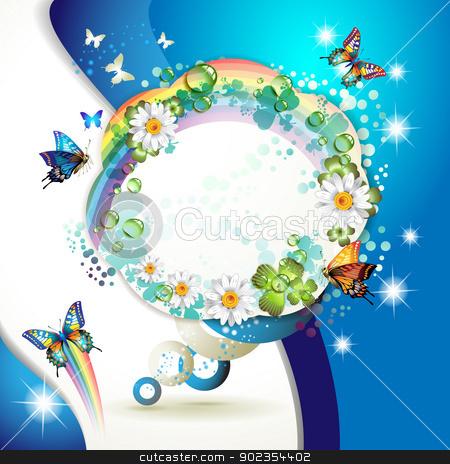 To use this stock image in your creative project, please select the size you need over to the right and click the "Add to Cart" button.
Your downloaded image will come with the Cutcaster watermark removed so don’t worry about the watermark you see on this page. Background with butterflies stock vector clipart, Abstract background with butterflies, flowers, rainbow and drops of water by Merlinul
