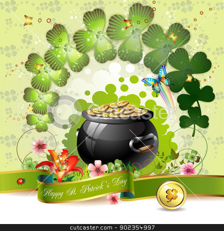 To use this stock image in your creative project, please select the size you need over to the right and click the "Add to Cart" button.
Your downloaded image will come with the Cutcaster watermark removed so don’t worry about the watermark you see on this page. St. Patrick's Day card stock vector clipart, St. Patrick's Day card design with clover and coins by Merlinul