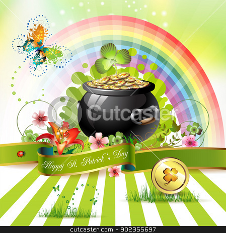 To use this stock image in your creative project, please select the size you need over to the right and click the "Add to Cart" button.
Your downloaded image will come with the Cutcaster watermark removed so don’t worry about the watermark you see on this page. St. Patrick's Day card stock vector clipart, St. Patrick's Day card design with clover and coins by Merlinul