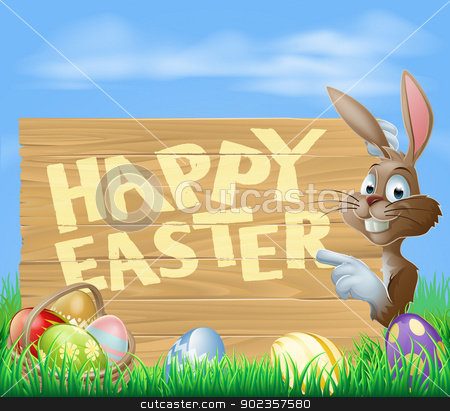 To use this stock image in your creative project, please select the size you need over to the right and click the "Add to Cart" button.
Your downloaded image will come with the Cutcaster watermark removed so don’t worry about the watermark you see on this page. Easter bunny Happy Easter Sign stock vector clipart, A cartoon Easter bunny pointing at a wooden Easter sign saying Happy Easter with painted Chocolate Eggs by Christos Georghiou
