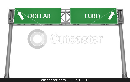 To use this stock image in your creative project, please select the size you need over to the right and click the "Add to Cart" button.
Your downloaded image will come with the Cutcaster watermark removed so don’t worry about the watermark you see on this page. Dollar versus Euro stock photo, Highway sign displaying Dollar and Euro in opposite direction by Harvepino