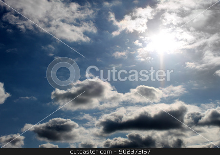 To use this stock image in your creative project, please select the size you need over to the right and click the "Add to Cart" button.
Your downloaded image will come with the Cutcaster watermark removed so don’t worry about the watermark you see on this page. Sunshine and cloudscape stock photo, Background of sun shining in blue sky with cloudscape. by Martin Crowdy