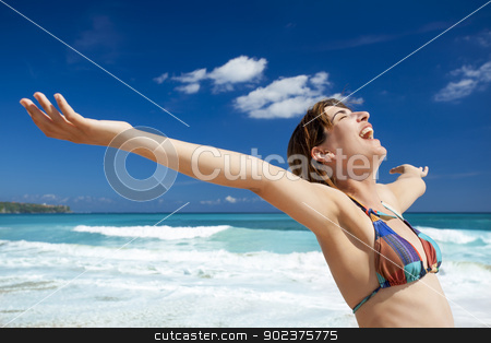 To use this stock image in your creative project, please select the size you need over to the right and click the "Add to Cart" button.
Your downloaded image will come with the Cutcaster watermark removed so don’t worry about the watermark you see on this page. Enjoying the summer stock photo, Beautiful young woman with arms open in a tropical beach enjoying the summer by ikostudio