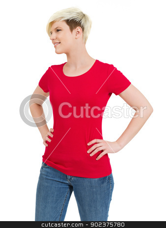 To use this stock image in your creative project, please select the size you need over to the right and click the "Add to Cart" button.
Your downloaded image will come with the Cutcaster watermark removed so don’t worry about the watermark you see on this page. Cute happy female with blank red shirt stock photo, Young beautiful blond female with blank red shirt. Ready for your design or artwork.
by © Ron Sumners