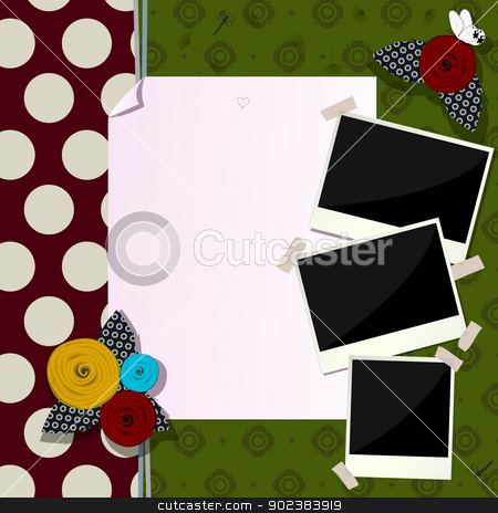 Decorative scrapbook composition Decorative scrapbook composition stock vector clipart, Vintage scrapbook composition with paper like flowers, antique photo frames and butterfly by Richard Laschon