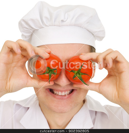 To use this stock image in your creative project, please select the size you need over to the right and click the "Add to Cart" button.
Your downloaded image will come with the Cutcaster watermark removed so don’t worry about the watermark you see on this page. Cook with red tomato stock photo, Cook with red tomato instead eyes on a white background by Alexey Romanov