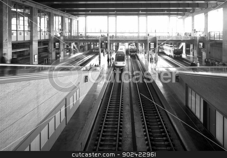 To use this stock image in your creative project, please select the size you need over to the right and click the "Add to Cart" button.
Your downloaded image will come with the Cutcaster watermark removed so don’t worry about the watermark you see on this page. Railway station stock photo, Railway station with platforms and trains black and white by ABBPhoto