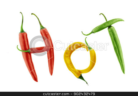 To use this stock image in your creative project, please select the size you need over to the right and click the "Add to Cart" button.
Your downloaded image will come with the Cutcaster watermark removed so don’t worry about the watermark you see on this page. Hot chili stock photo, Hot word made from Green, yellow and red hot chili pepper on white background with a clipping path by Designsstock