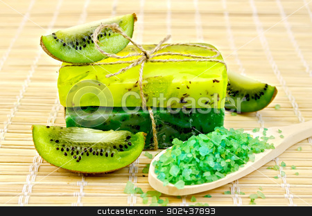 To use this stock image in your creative project, please select the size you need over to the right and click the "Add to Cart" button.
Your downloaded image will come with the Cutcaster watermark removed so don’t worry about the watermark you see on this page. Soap homemade and salt in a spoon with kiwi stock photo, Two green homemade soap, salt on a wooden spoon, kiwi slices on a bamboo mat by rezkrr