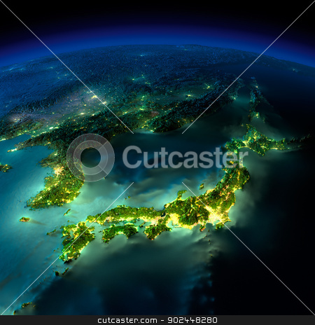 To use this stock image in your creative project, please select the size you need over to the right and click the "Add to Cart" button.
Your downloaded image will come with the Cutcaster watermark removed so don’t worry about the watermark you see on this page. Night Earth. A piece of Asia - Japan, Korea, China stock photo, Highly detailed Earth, illuminated by moonlight. The glow of cities sheds light on the detailed exaggerated terrain and translucent water of the oceans. Elements of this image furnished by NASA by Antartis
