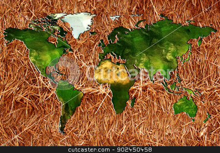 To use this stock image in your creative project, please select the size you need over to the right and click the "Add to Cart" button.
Your downloaded image will come with the Cutcaster watermark removed so don’t worry about the watermark you see on this page. world map in relief stock photo, a planisphere or chart of the world on a bottom of straw or hay for an organic farming by Cochonneau