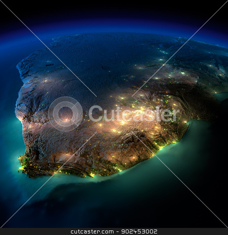 To use this stock image in your creative project, please select the size you need over to the right and click the "Add to Cart" button.
Your downloaded image will come with the Cutcaster watermark removed so don’t worry about the watermark you see on this page. Night Earth. South Africa stock photo, Highly detailed Earth, illuminated by moonlight. The glow of cities sheds light on the detailed exaggerated terrain and translucent water of the oceans. Elements of this image furnished by NASA by Antartis