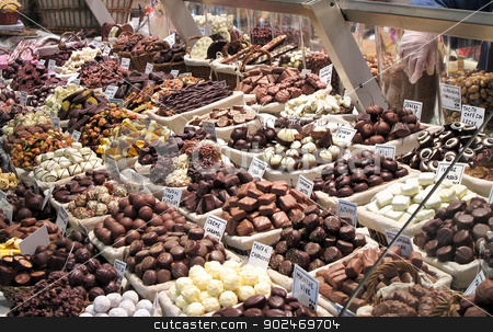 To use this stock image in your creative project, please select the size you need over to the right and click the "Add to Cart" button.
Your downloaded image will come with the Cutcaster watermark removed so don’t worry about the watermark you see on this page. Gourmet chocolate stock photo, gourmet chocolate on display in a local marced in Barcelona, Spain by Andreas Altenburger