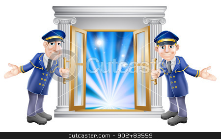 To use this stock image in your creative project, please select the size you need over to the right and click the "Add to Cart" button.
Your downloaded image will come with the Cutcaster watermark removed so don’t worry about the watermark you see on this page. VIP doormen and entrance door stock vector clipart, An illustration of two VIP doormen characters holding open a door at the entrance to a venue or hotel by Christos Georghiou