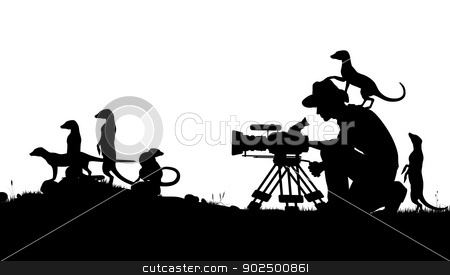 To use this stock image in your creative project, please select the size you need over to the right and click the "Add to Cart" button.
Your downloaded image will come with the Cutcaster watermark removed so don’t worry about the watermark you see on this page. Wildlife cameraman stock vector clipart, Editable vector silhouettes of a cameraman filming meerkats with all elements as separate objects by Robert Adrian Hillman