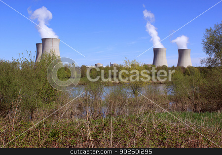 To use this stock image in your creative project, please select the size you need over to the right and click the "Add to Cart" button.
Your downloaded image will come with the Cutcaster watermark removed so don’t worry about the watermark you see on this page. Nuclear power stock photo, photo of an operating nuclear power plant on the banks of a river surrounded by trees by Cochonneau