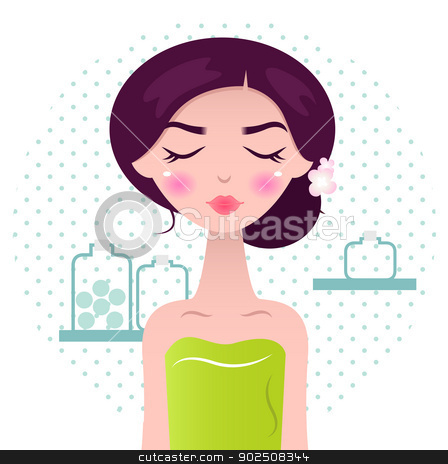 To use this stock image in your creative project, please select the size you need over to the right and click the "Add to Cart" button.
Your downloaded image will come with the Cutcaster watermark removed so don’t worry about the watermark you see on this page. Beautiful Spa Women in green towel and bath accessories stock vector clipart, Cute wellness Woman with closing her eyes and flowers in hair on dotted circle background. Vector Illustration by Jana Guothova