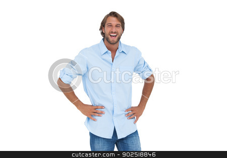 To use this stock image in your creative project, please select the size you need over to the right and click the "Add to Cart" button.
Your downloaded image will come with the Cutcaster watermark removed so don’t worry about the watermark you see on this page. Laughing man with hands on hips stock photo, Laughing man with hands on hips on white background by Wavebreak Media