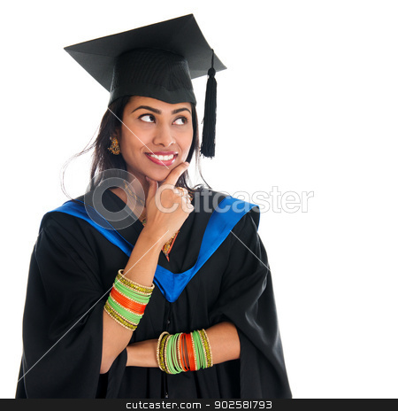 To use this stock image in your creative project, please select the size you need over to the right and click the "Add to Cart" button.
Your downloaded image will come with the Cutcaster watermark removed so don’t worry about the watermark you see on this page. Indian graduate student thinking stock photo, Happy Indian graduate student in graduation gown and cap thinking and smiling. Portrait of beautiful Asian female model standing isolated on white background. by szefei