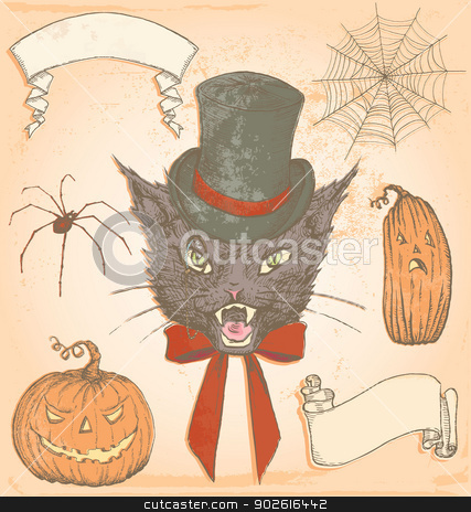 To use this stock image in your creative project, please select the size you need over to the right and click the "Add to Cart" button.
Your downloaded image will come with the Cutcaster watermark removed so don’t worry about the watermark you see on this page. Hand Drawn Vintage Halloween Creepy Cat Vector Set stock vector clipart, Spooky vintage inspired elements to embellish your layout. No transparency used. All colour fills are separate from outlines, and all elements are grouped separately for convenient editing. by ArtnerDluxe