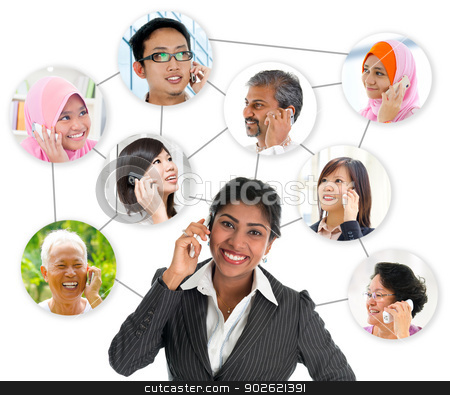 To use this stock image in your creative project, please select the size you need over to the right and click the "Add to Cart" button.
Your downloaded image will come with the Cutcaster watermark removed so don’t worry about the watermark you see on this page. Communication network connection stock photo, People talking on the phone. Collage made network connection of diversity races. Asian communication concept. by szefei