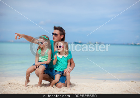 To use this stock image in your creative project, please select the size you need over to the right and click the "Add to Cart" button.
Your downloaded image will come with the Cutcaster watermark removed so don’t worry about the watermark you see on this page. Happy father with his two daughters sitting on tropical beach vacation stock photo, Happy father with his two daughters sitting on tropical beach vacation by Dmitry Travnikov