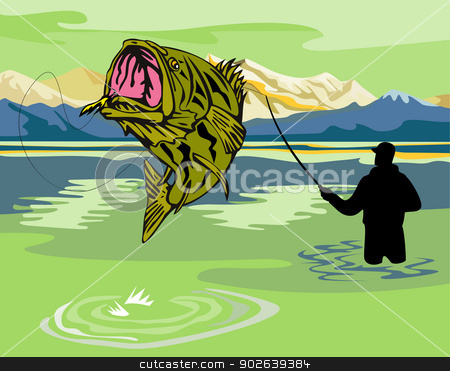 To use this stock image in your creative project, please select the size you need over to the right and click the "Add to Cart" button.
Your downloaded image will come with the Cutcaster watermark removed so don’t worry about the watermark you see on this page. largemouth bass jumping reeled stock vector clipart, illustration of a largemouth bass jumping reeled by fly fisherman fishing done in retro style by patrimonio