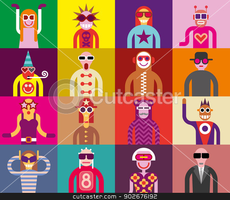 To use this stock image in your creative project, please select the size you need over to the right and click the "Add to Cart" button.
Your downloaded image will come with the Cutcaster watermark removed so don’t worry about the watermark you see on this page. People in sunglasses - funny portraits stock vector clipart, Art composition abstract portraits - vector illustration. Sixteen people in sunglasses. Can be used as seamless wallpaper. by dan jazzia